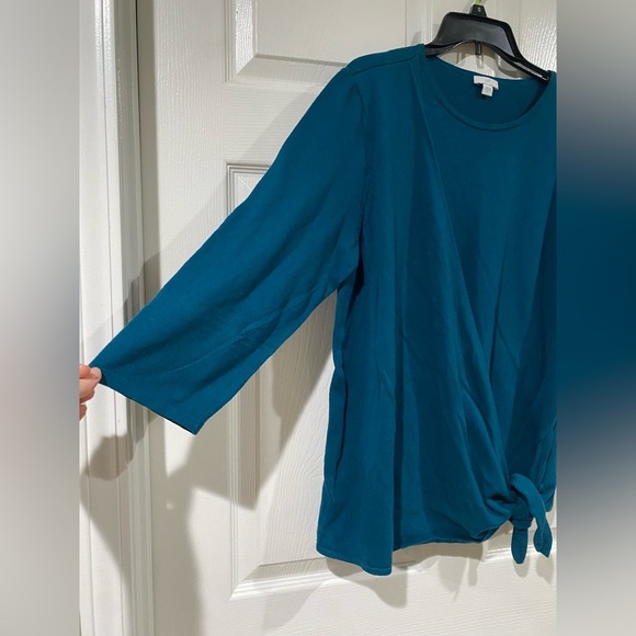 J. Jill Sweater Top XL Teal Cotton Blend Knit 3/4 Sleeve Round Neck Knot Tie - Picture 3 of 9